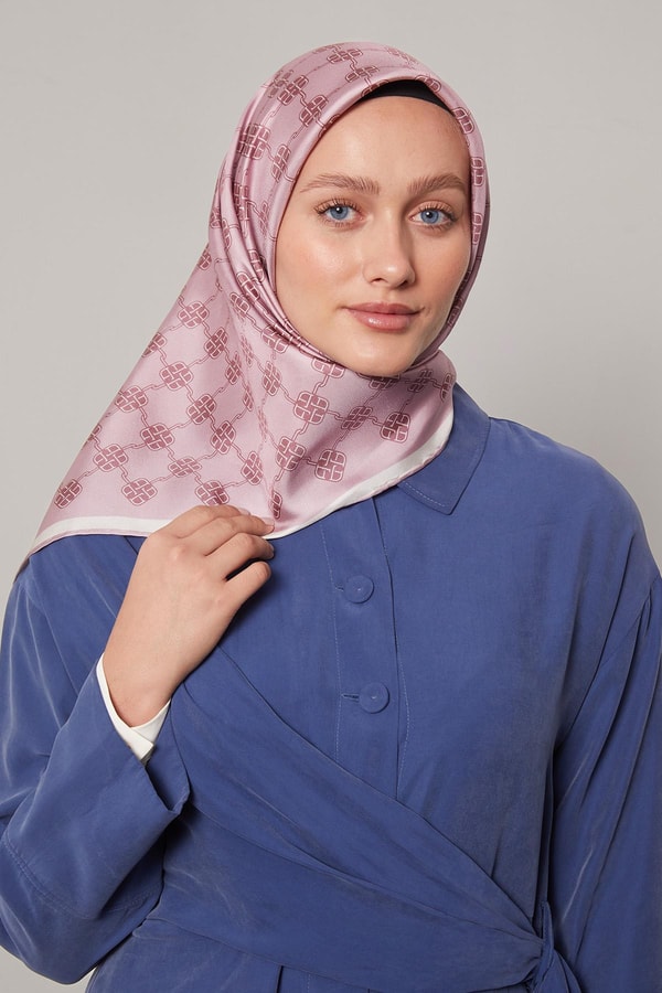 Pembe Mini Yonca Desen Twill İpek Eşarp