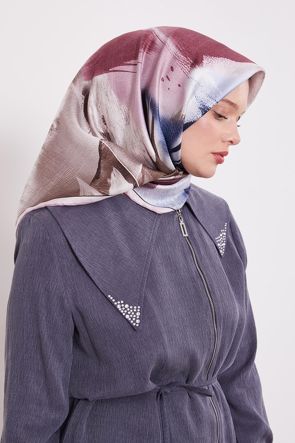 Pembe Yansıma Yaprak Desen Twill İpek Eşarp