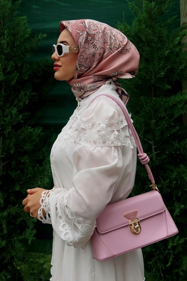 Pembe Varak Desenli Twill İpek Eşarp