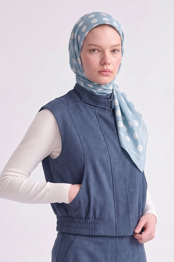 Puantiyeli Twill İpek Eşarp Bebe Mavisi