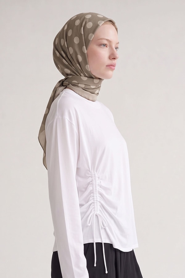 Puantiyeli Twill İpek Eşarp Haki