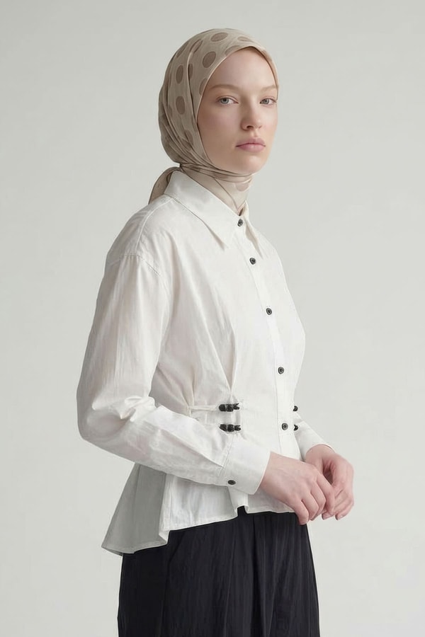 Puantiyeli Twill İpek Eşarp Krem