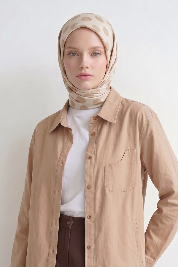 Puantiyeli Twill İpek Eşarp Sütlü Kahve