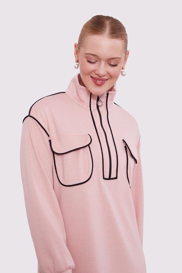 Pudra Çizgi Cep Detaylı Elbise