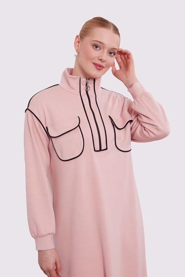 Pudra Çizgi Cep Detaylı Elbise