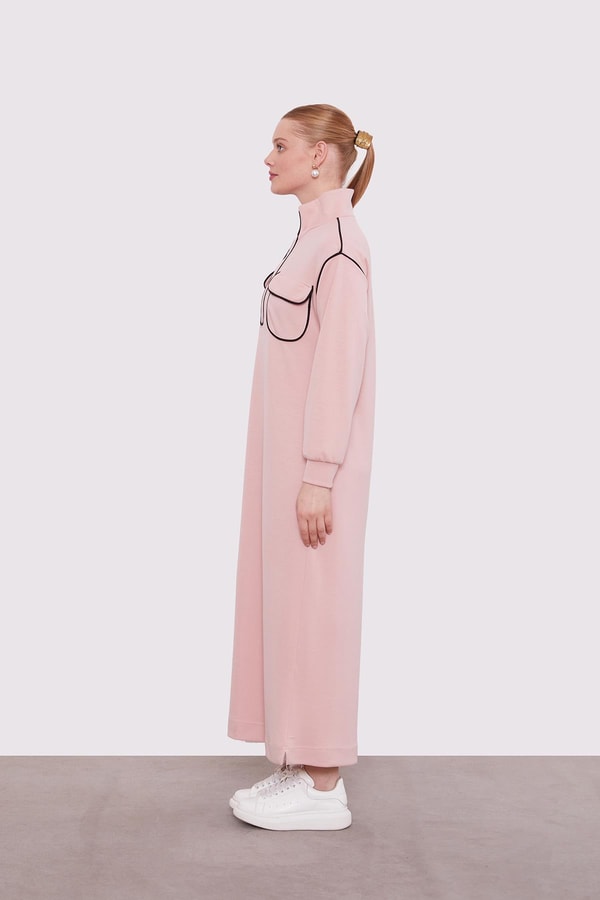 Pudra Çizgi Cep Detaylı Elbise