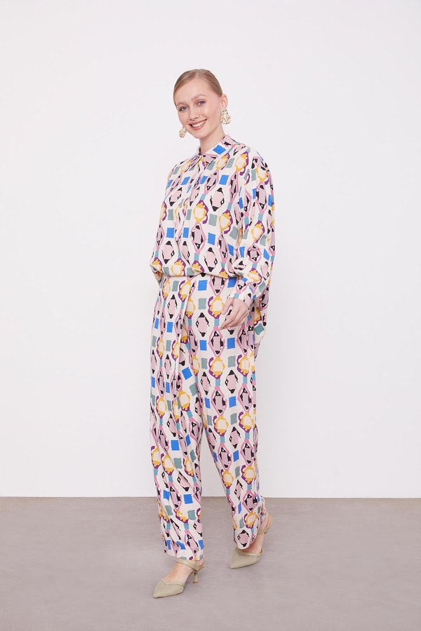 Pudra Geometrik Desenli Tunik Takım