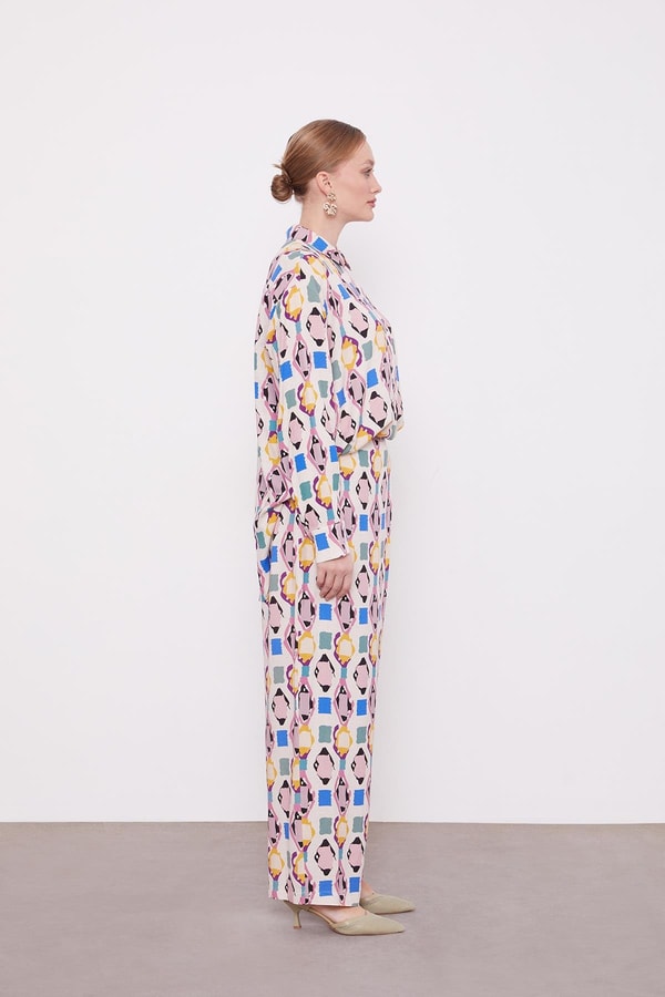 Pudra Geometrik Desenli Tunik Takım