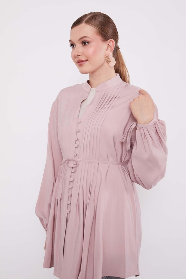 Pudra Düğme Detay Belden Bağlama Gömlek