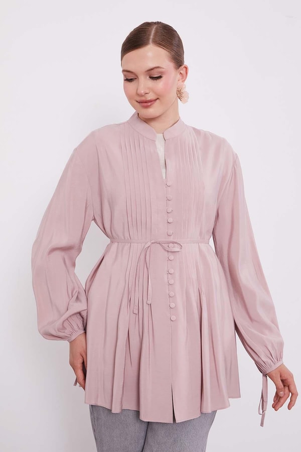 Pudra Düğme Detay Belden Bağlama Gömlek