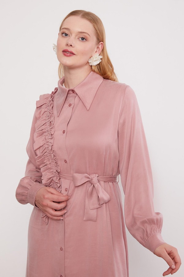Pudra Düğme Detaylı Cupra Elbise