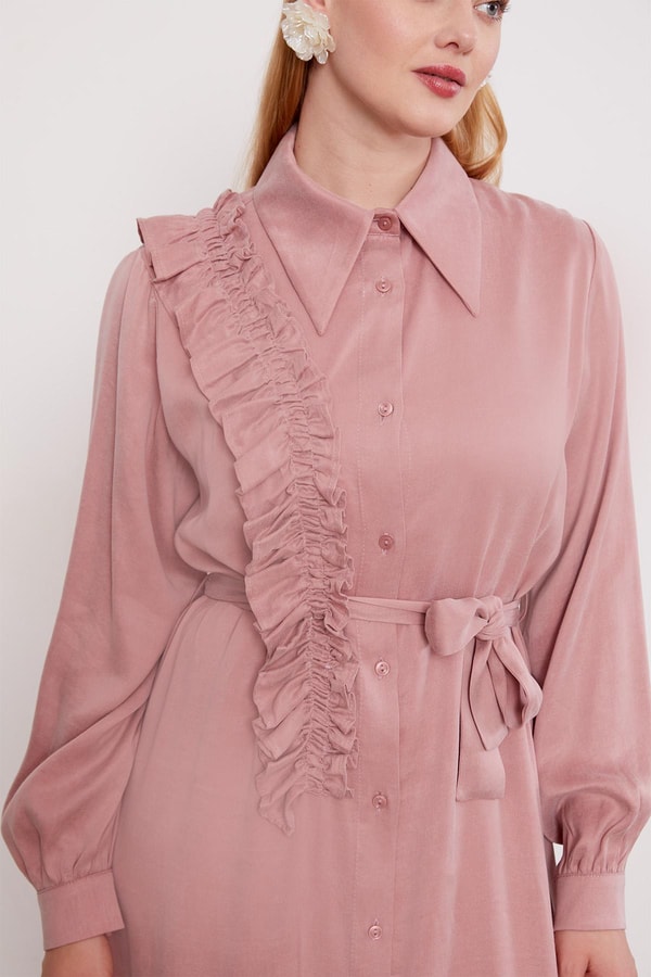 Pudra Düğme Detaylı Cupra Elbise