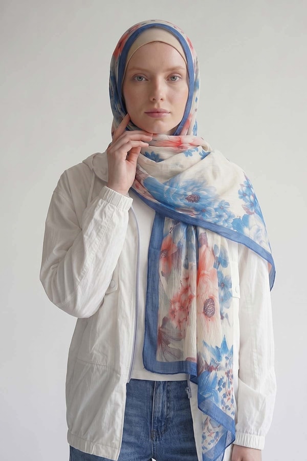 Saks Çiçek Desen Müslin Şal