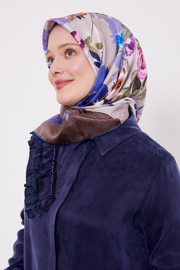 Saks Çiçek Desen Twill İpek Eşarp