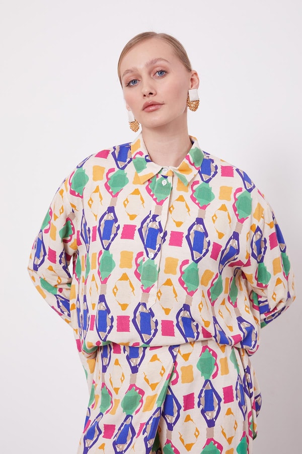 Saks Geometrik Desenli Tunik Takım