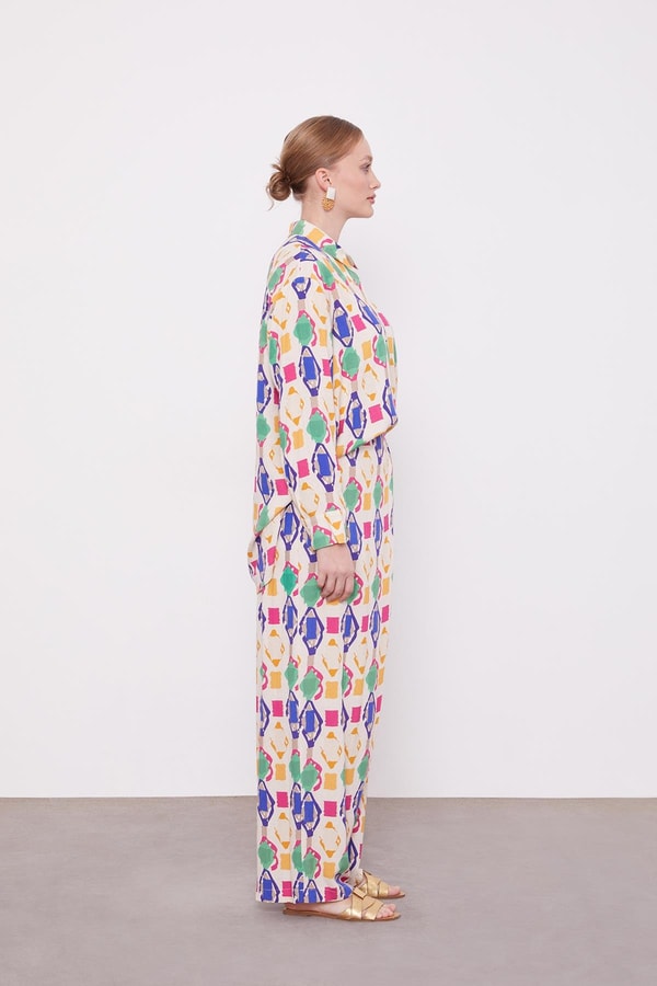 Saks Geometrik Desenli Tunik Takım