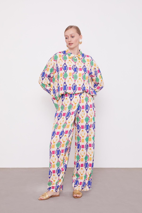 Saks Geometrik Desenli Tunik Takım