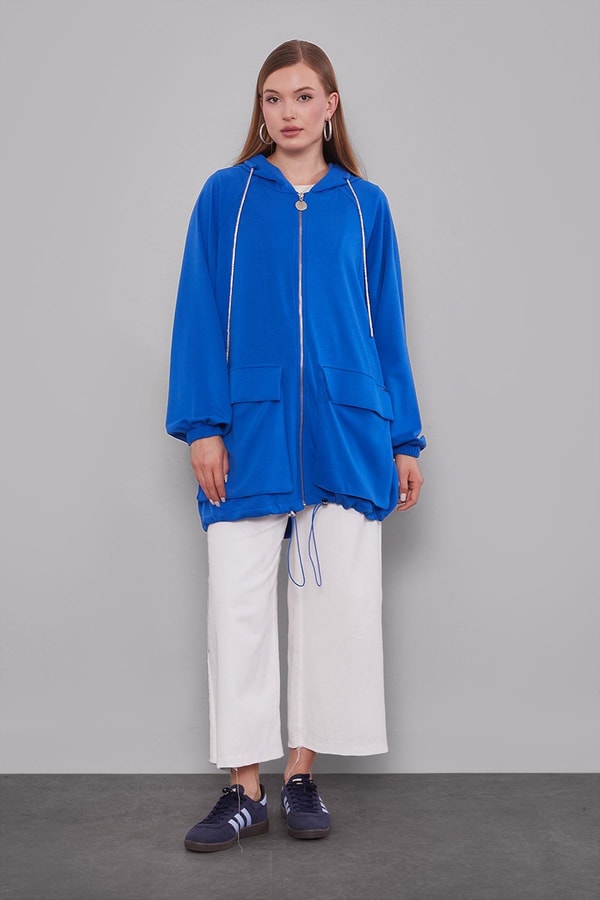 Saks Kapüşonlu Taşlı İp Detaylı Kap