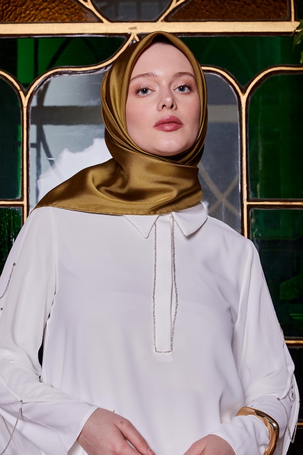 Sarı - Gri Çift Taraflı Twill İpek Eşarp
