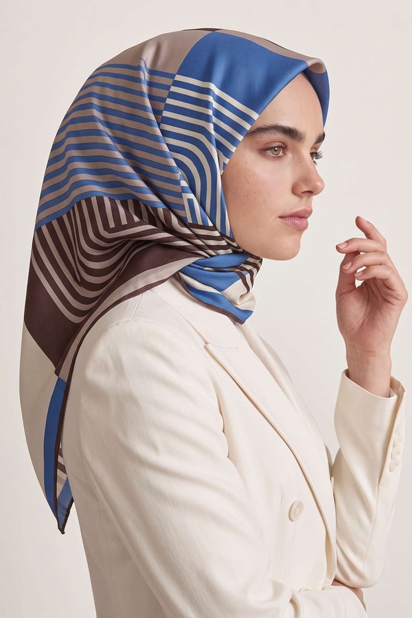 Şerit Çizgili Twill İpek Eşarp Acı Kahve