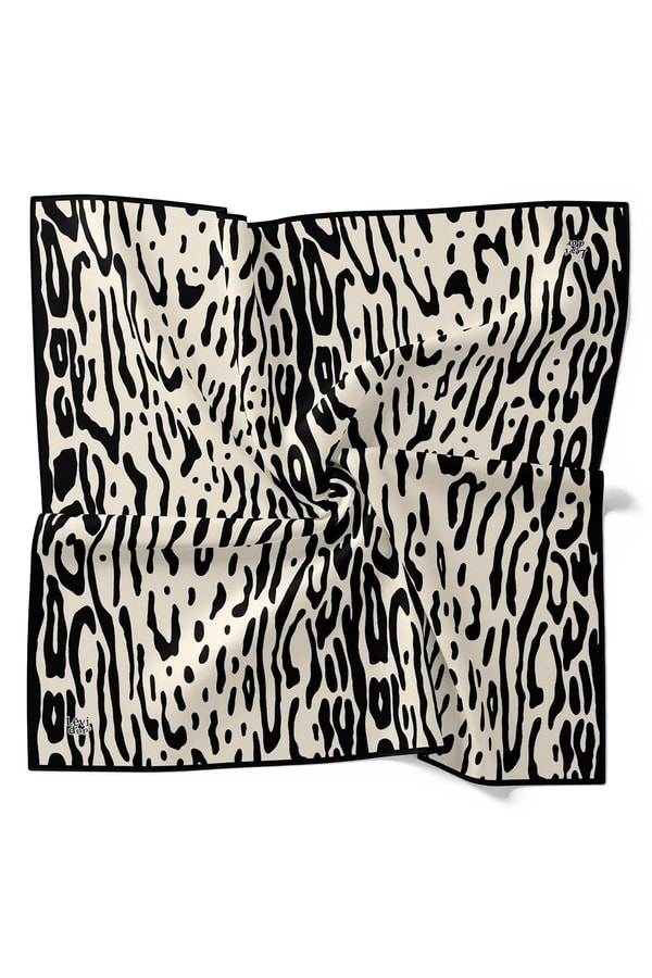 Siyah - Bej Leopar Desen Twill İpek Eşarp