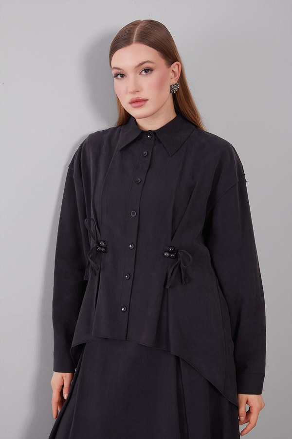 Siyah Boncuk Bağlama Detaylı Etek Takım