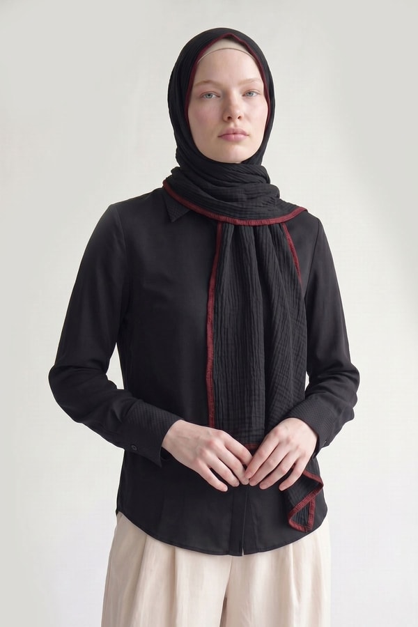 Siyah - Bordo Basıc Müslin Şal