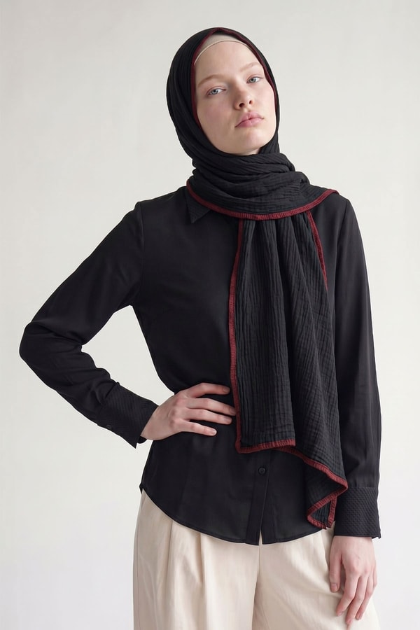 Siyah - Bordo Basıc Müslin Şal