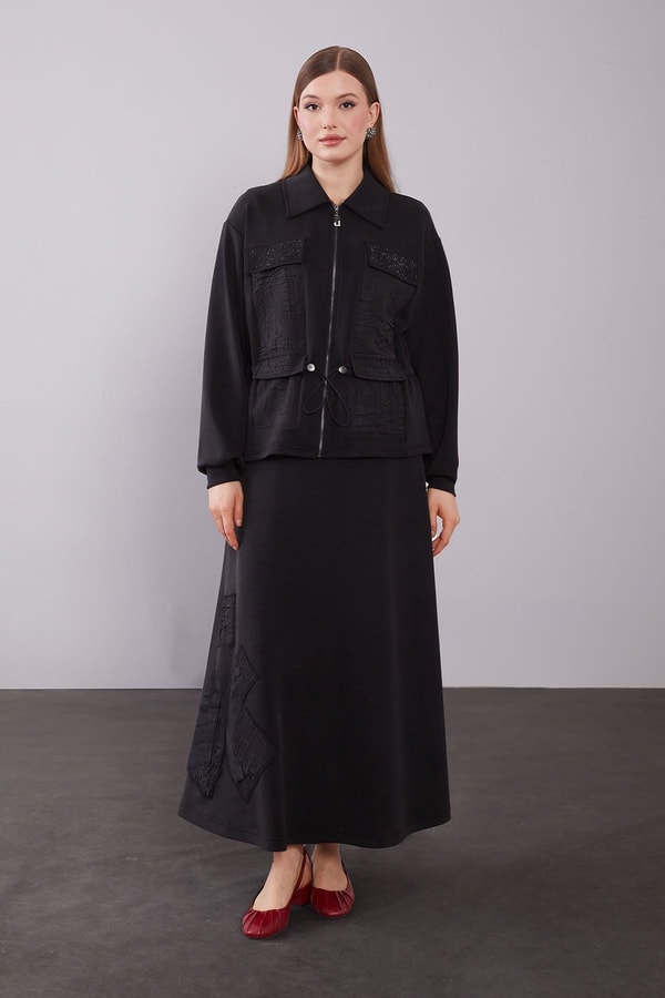 Siyah Büzgü Yama Detaylı Etek Takım