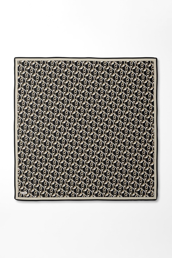 Zincirli Desenli Twill İpek Eşarp Siyah - Camel