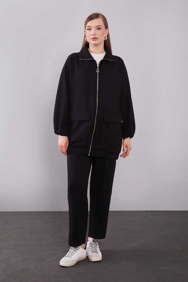 Siyah Cep Detaylı Fermuarlı İkili Takım