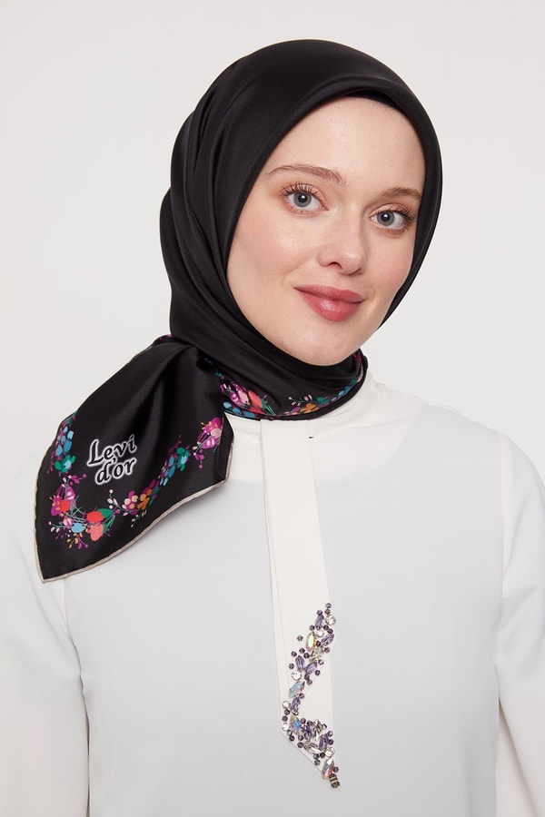 Siyah Cicek Serit Twill İpek Eşarp