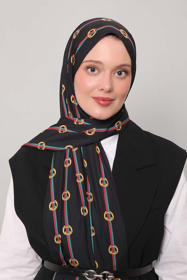 Siyah Çizgili Halka Desen Club Şal