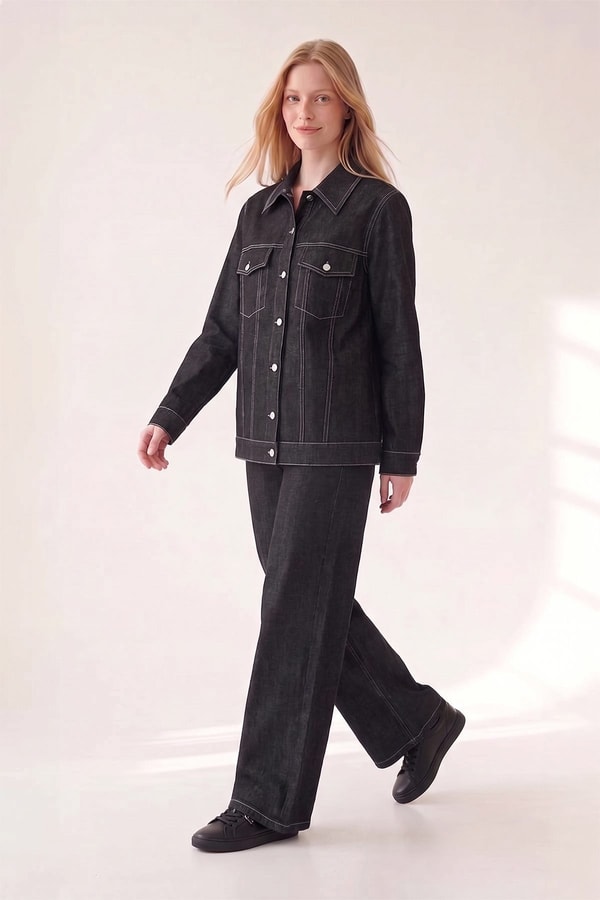 Dikiş Detaylı Denim Ceket ve Pantolon İkili Takım Siyah