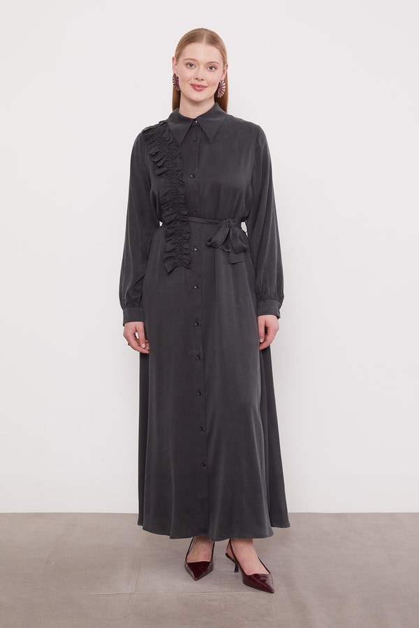 Siyah Düğme Detaylı Cupra Elbise