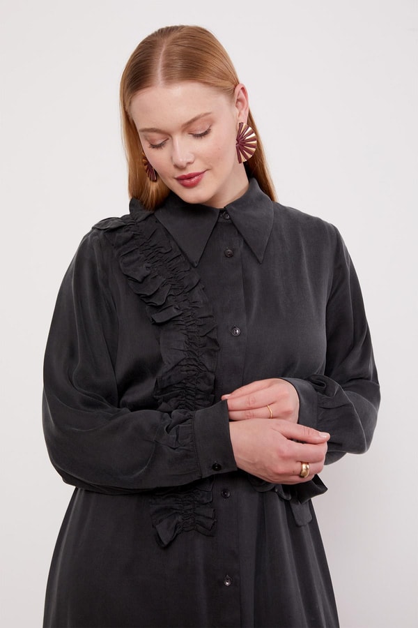 Siyah Düğme Detaylı Cupra Elbise