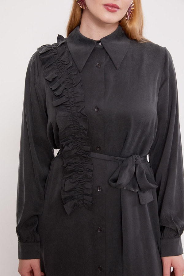 Siyah Düğme Detaylı Cupra Elbise