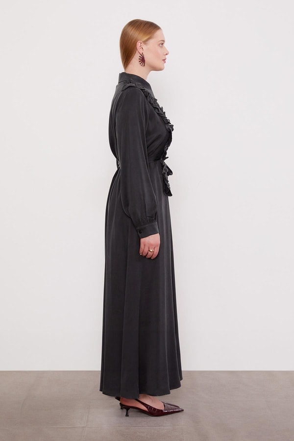 Siyah Düğme Detaylı Cupra Elbise