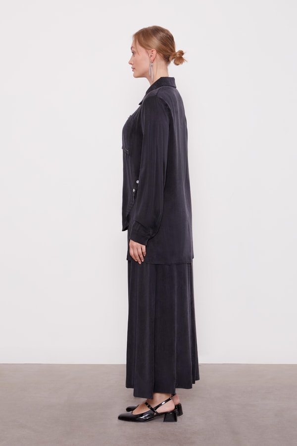 Siyah Çapraz Düğme Detay Cupra Etek Takım