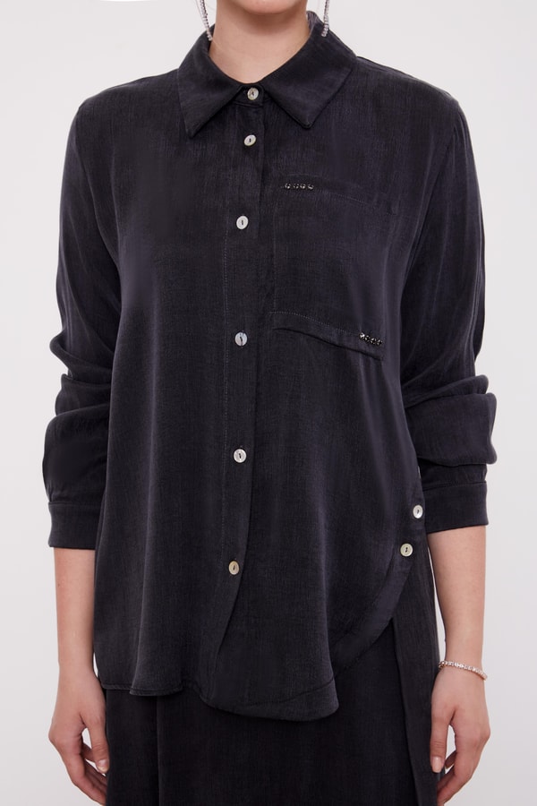 Siyah Çapraz Düğme Detay Cupra Etek Takım