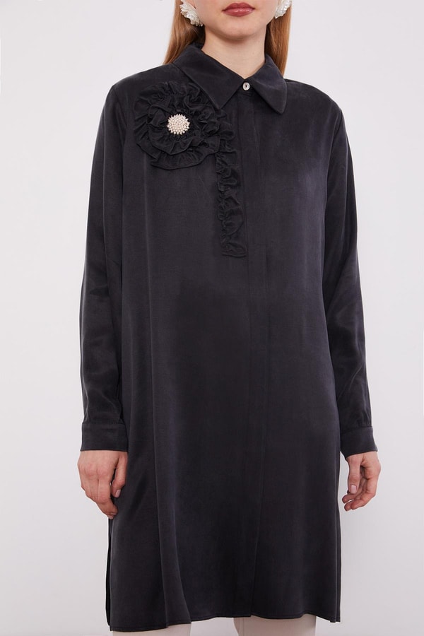Siyah Fırfır Çiçek Detay Cupra Gömlek