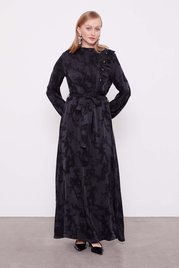 Siyah Fırfır Detaylı Cupra Elbise