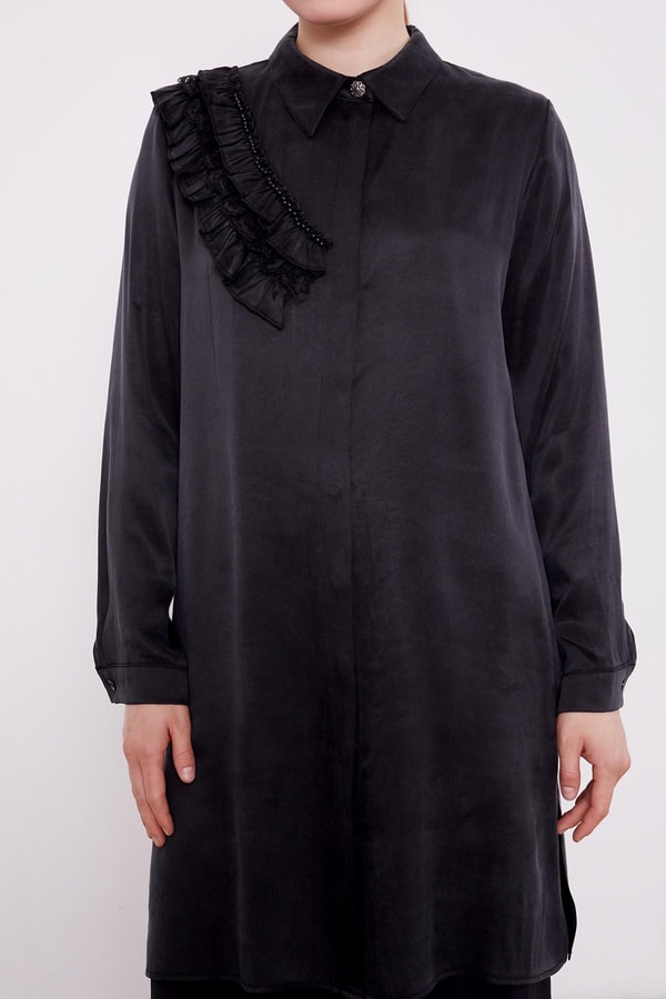 Siyah Fırfır Detaylı Cupra Gömlek