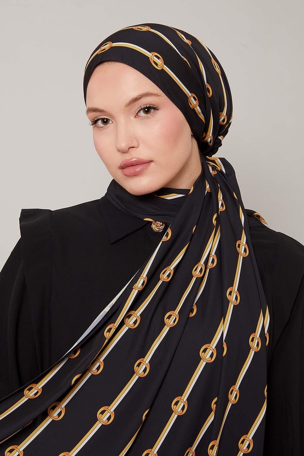 Siyah - Gold Çizgili Halka Desen Club Şal
