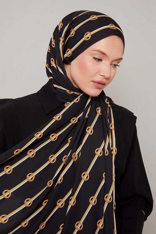 Siyah - Gold Çizgili Halka Desen Club Şal