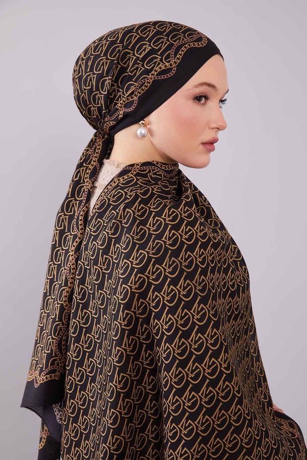 Siyah - Gold LVD Baskılı Yün İpek Şal