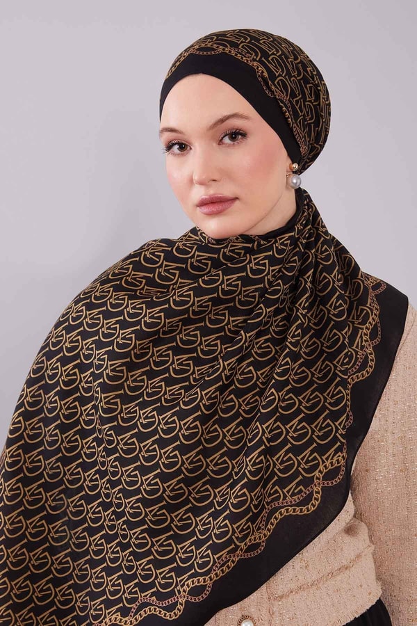 Siyah - Gold LVD Baskılı Yün İpek Şal