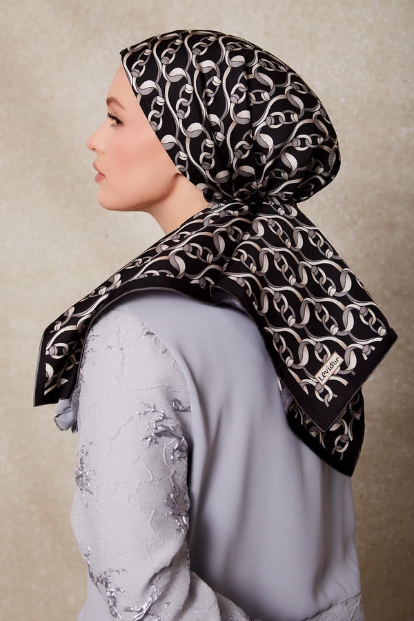 Zincirli Desenli Twill İpek Eşarp Siyah - Gri