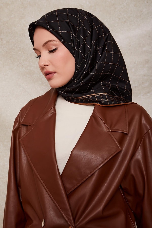 Siyah - Kahve Kareli Twill İpek Eşarp