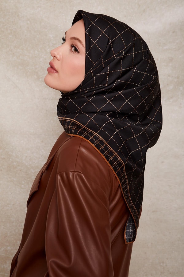 Siyah - Kahve Kareli Twill İpek Eşarp